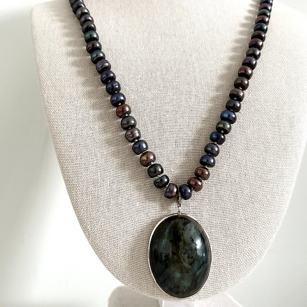 925 Sterling Silver Vintage Big Genuine Black Pearl Large Labradorite Necklace